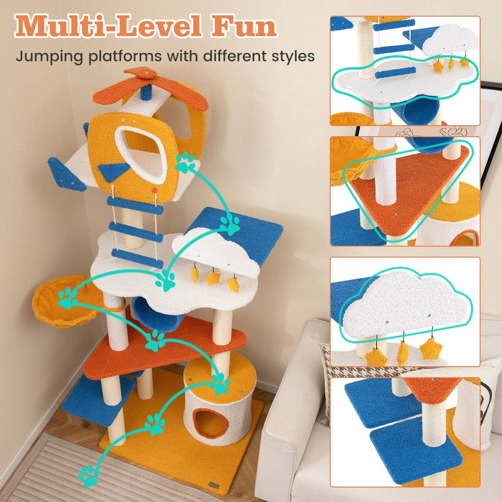 70 Inch Aviation Cat Tree with a Helicopter Perch, Tunnel and Cloud Platforms