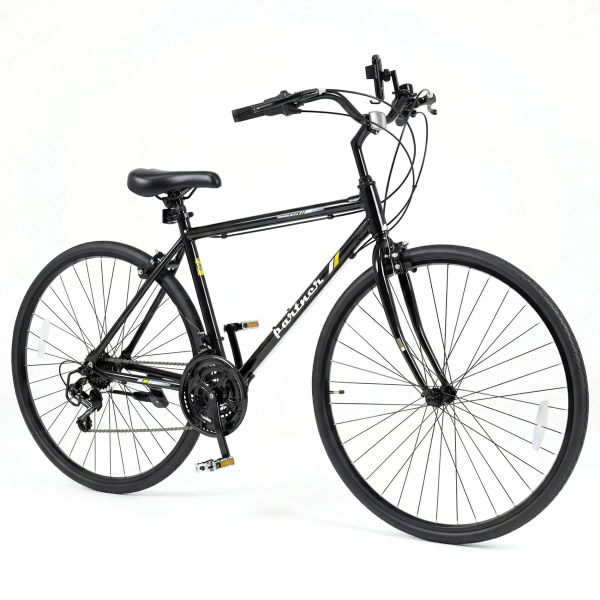 700C Hybrid Bike with Shimano 18 Speed and Phone Holder, Black