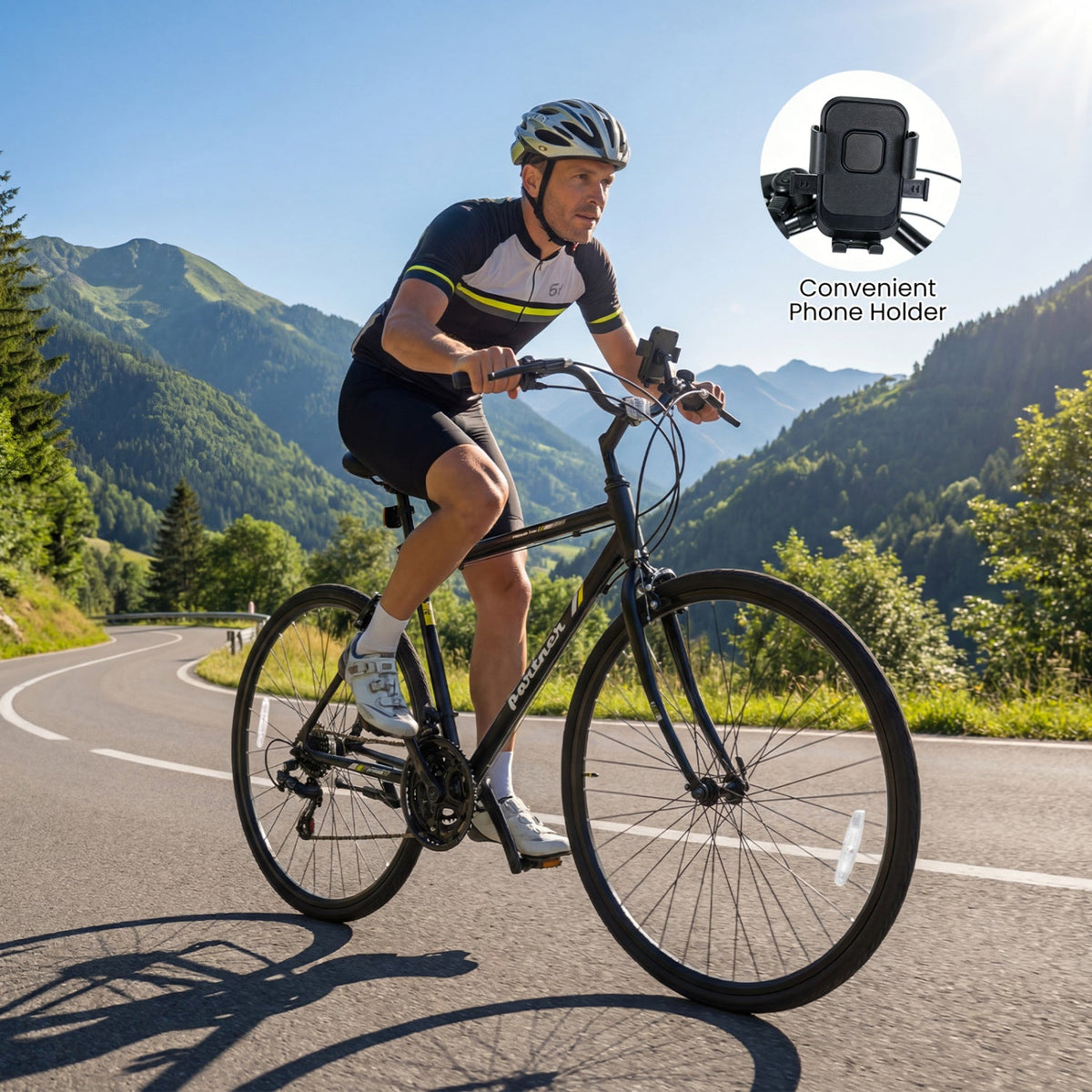 700C Hybrid Bike with Shimano 18 Speed and Phone Holder, Black