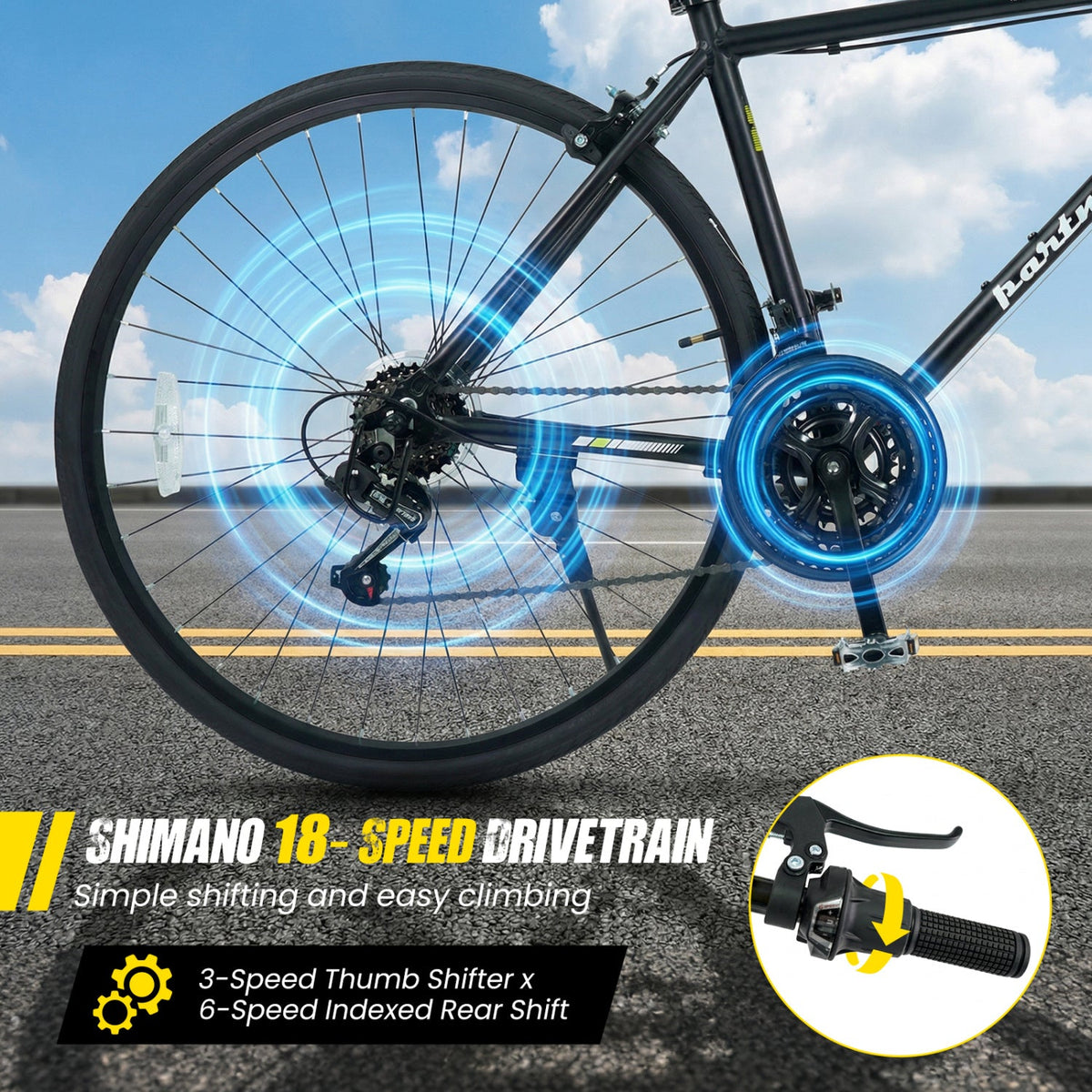 700C Hybrid Bike with Shimano 18 Speed and Phone Holder, Black