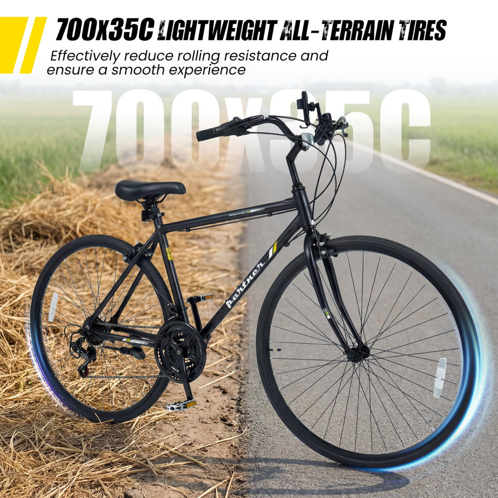 700C Hybrid Bike with Shimano 18 Speed and Phone Holder, Black