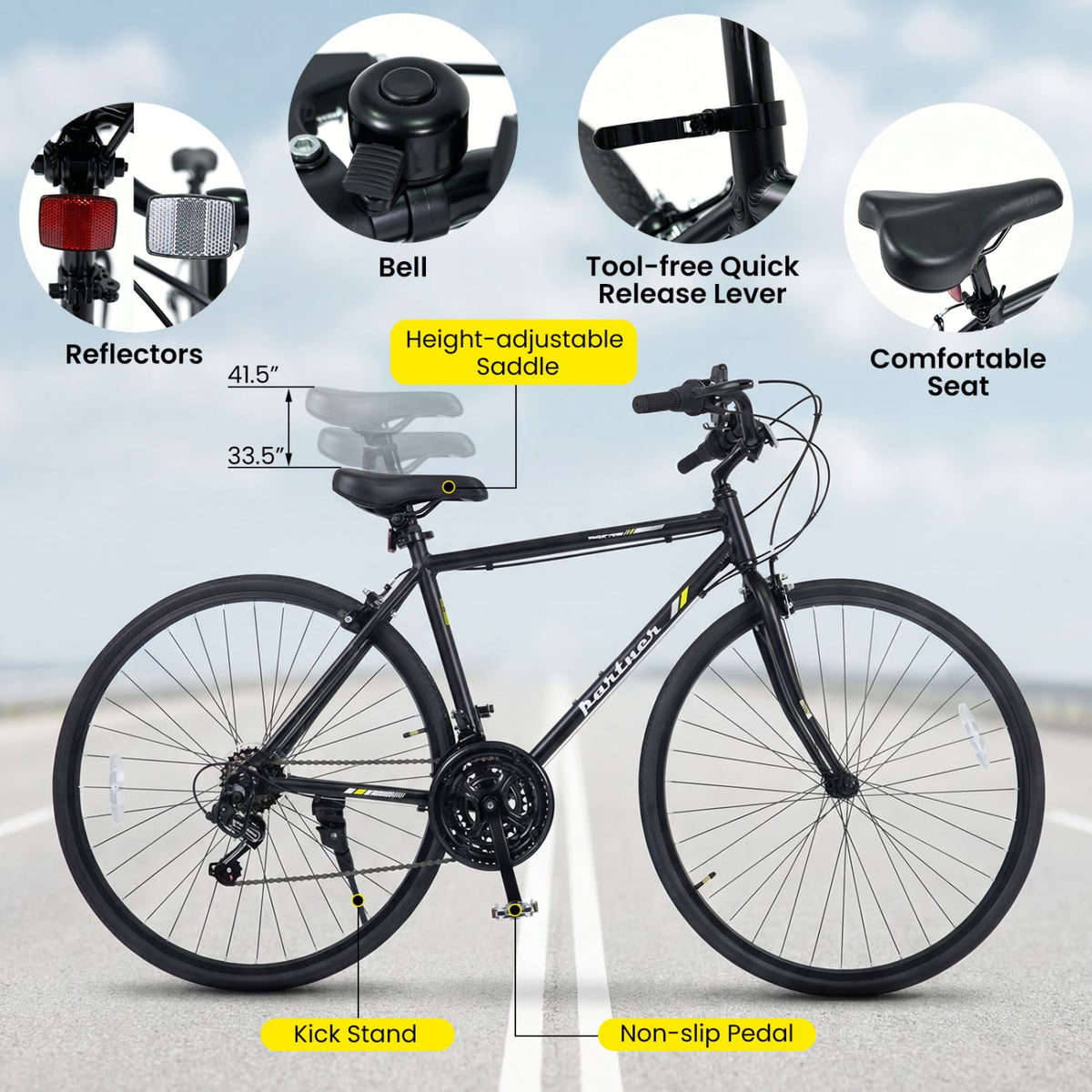 700C Hybrid Bike with Shimano 18 Speed and Phone Holder, Black