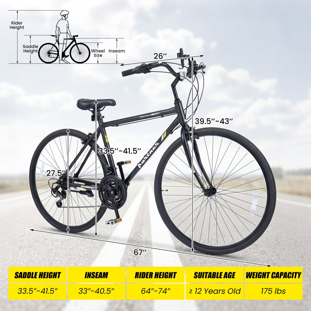 700C Hybrid Bike with Shimano 18 Speed and Phone Holder, Black