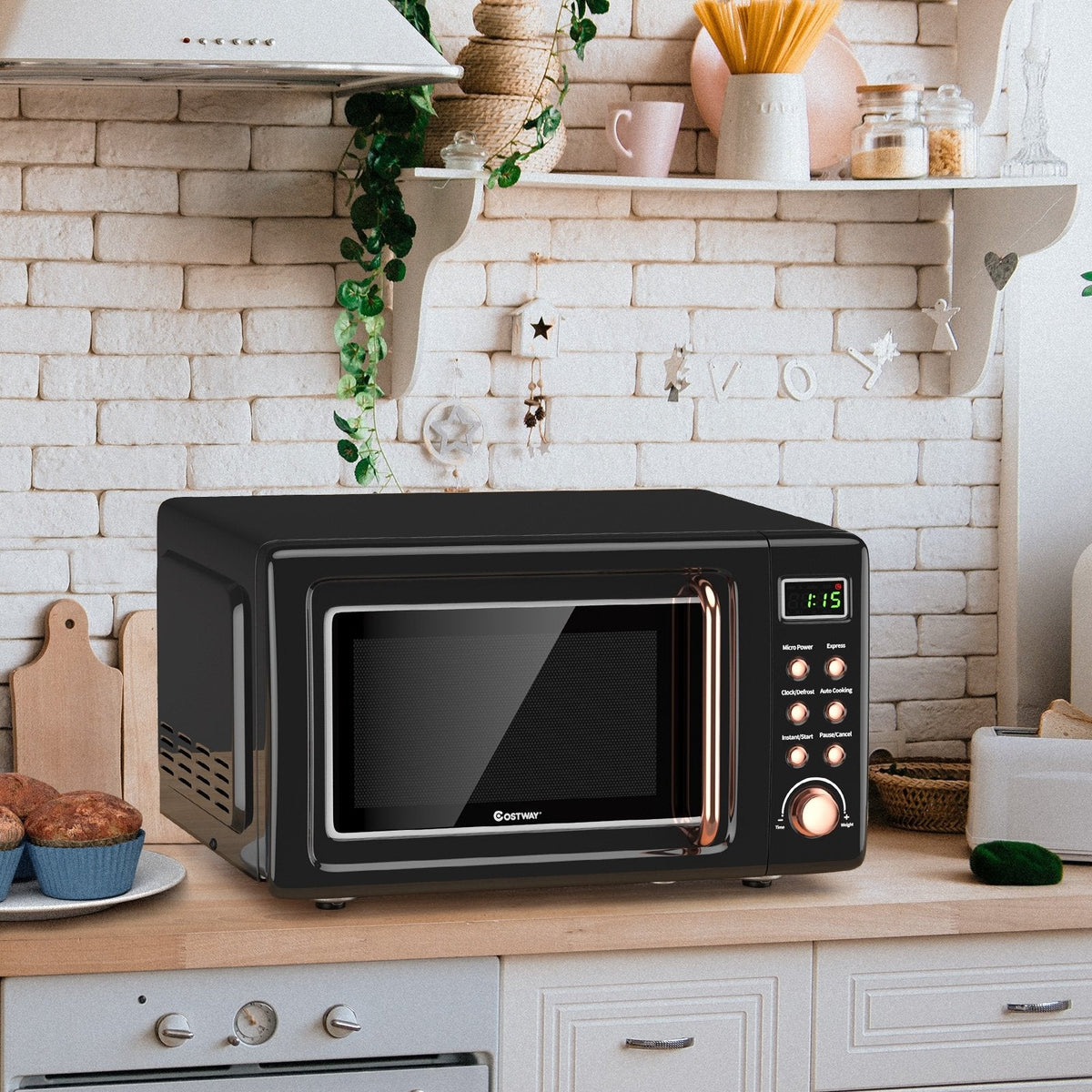 700W Retro Countertop Microwave Oven with 5 Micro Power and Auto Cooking Function-Golden