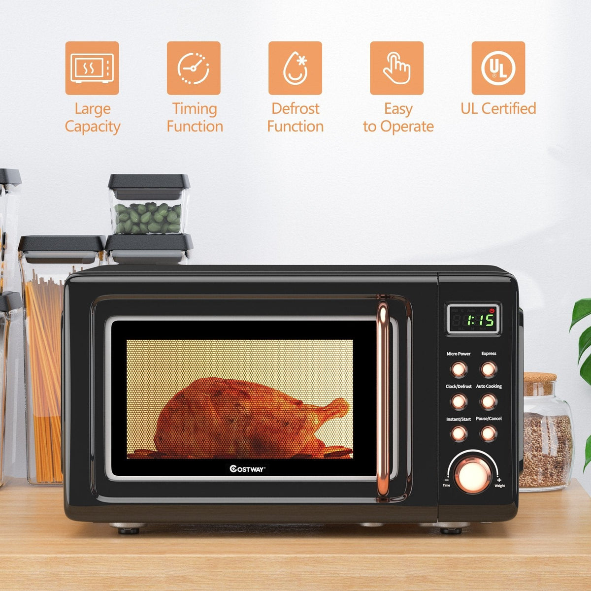 700W Retro Countertop Microwave Oven with 5 Micro Power and Auto Cooking Function-Golden