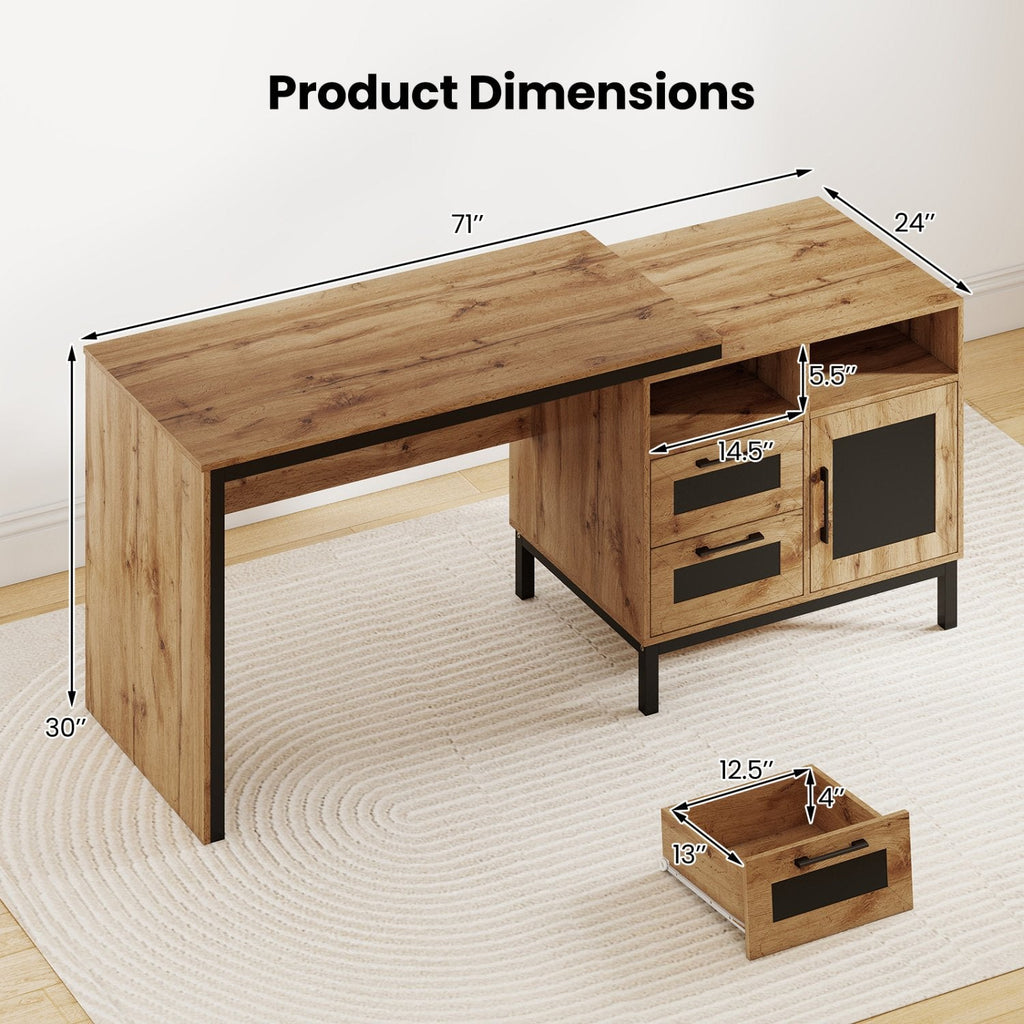 71-Inch Computer Table with Open Compartments and Drawers-Natural