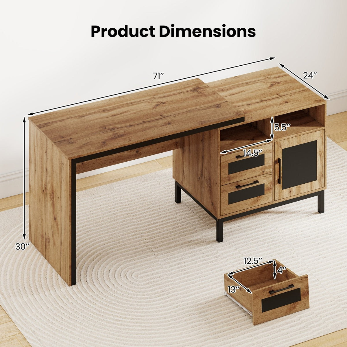 71-Inch Computer Table with Open Compartments and Drawers-Natural