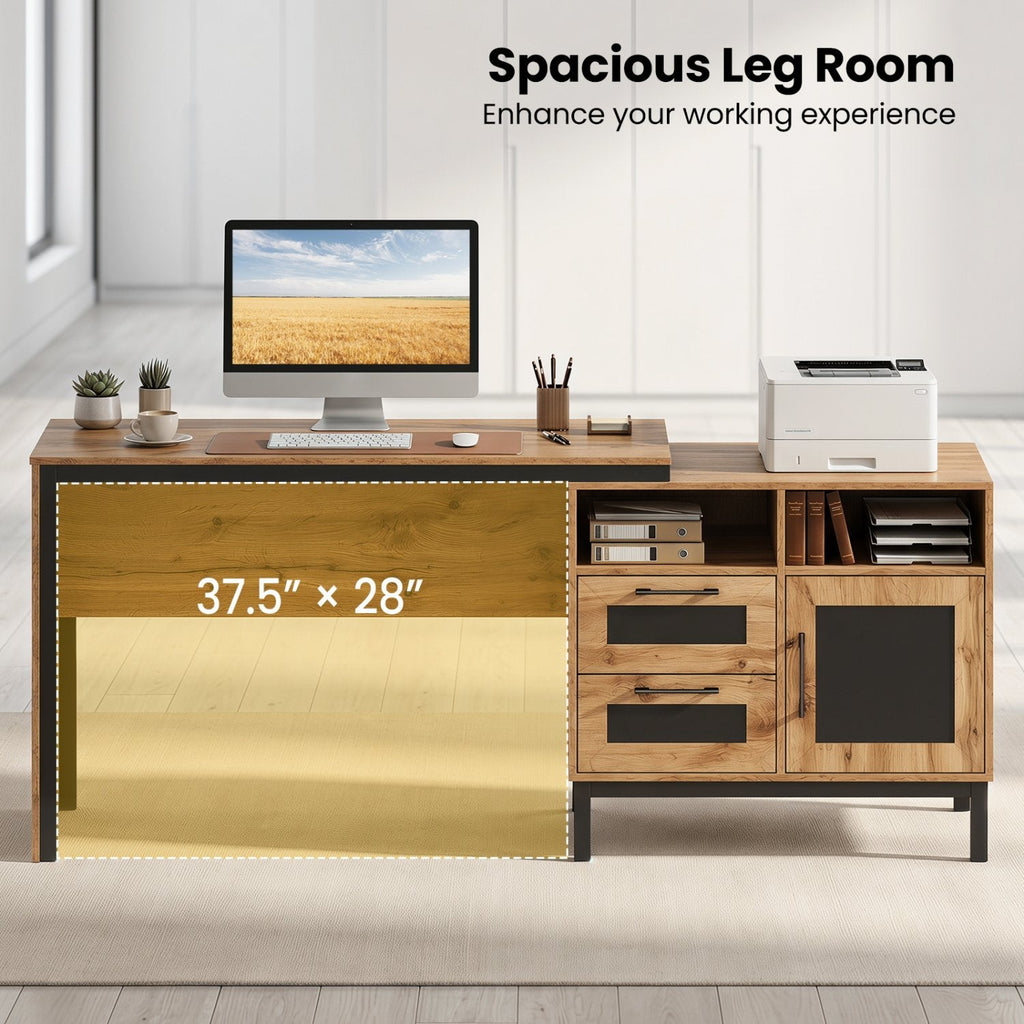 71-Inch Computer Table with Open Compartments and Drawers-Natural
