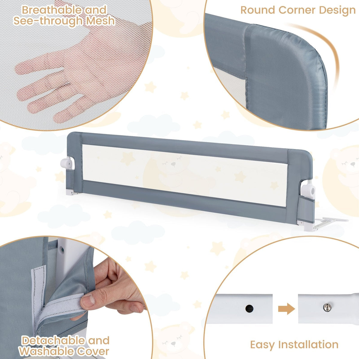 71-Inch Foldable Bed Rail Swing Down Baby Bed Guard Rail with Adjustable Safety Strap-Gray
