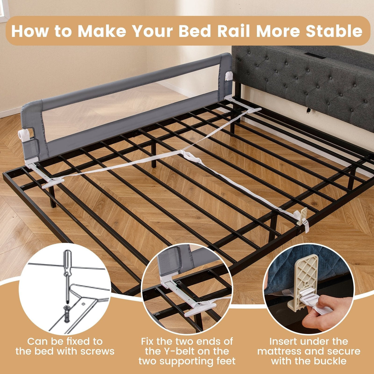 71-Inch Foldable Bed Rail Swing Down Baby Bed Guard Rail with Adjustable Safety Strap-Gray