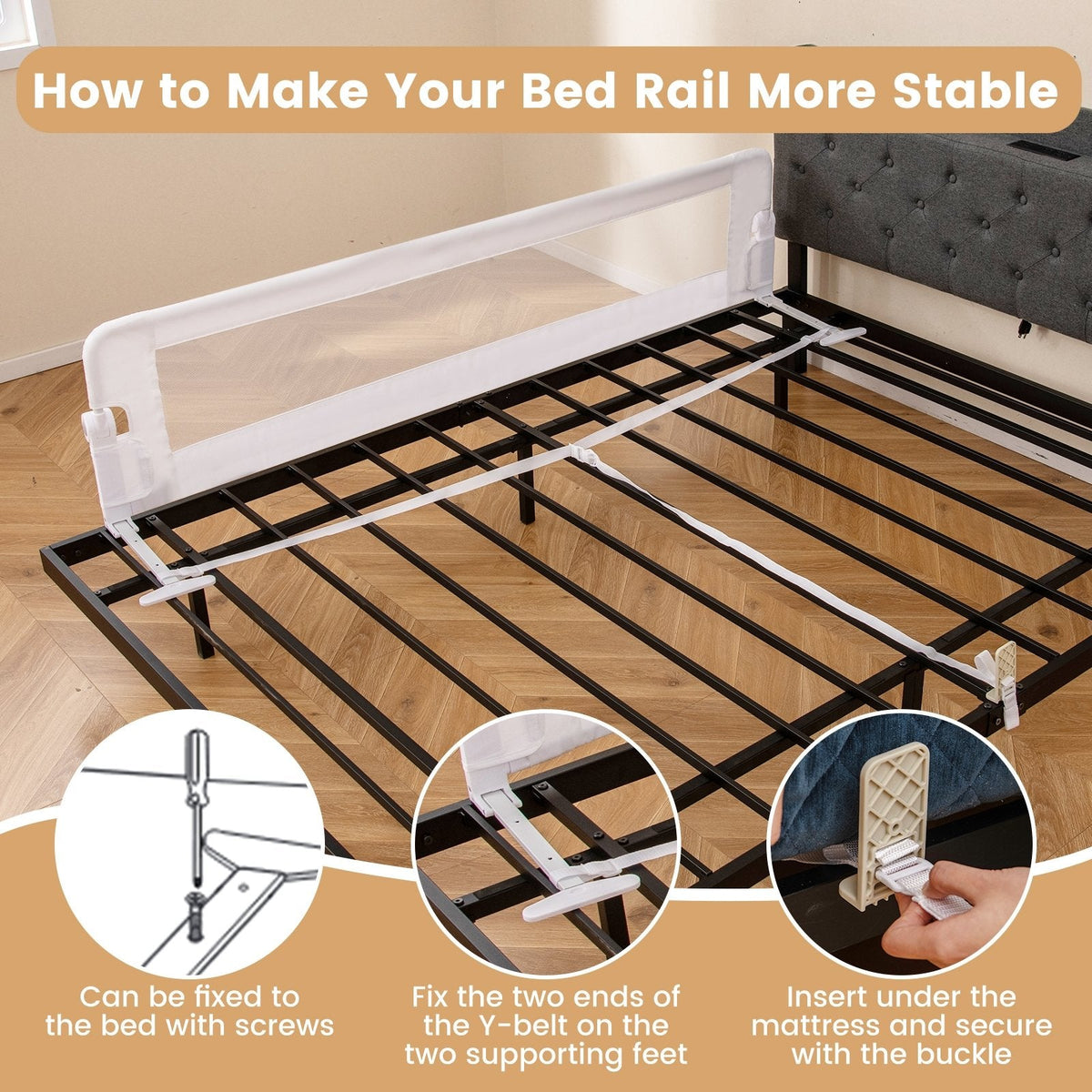 71-Inch Foldable Bed Rail Swing Down Baby Bed Guard Rail with Adjustable Safety Strap-White