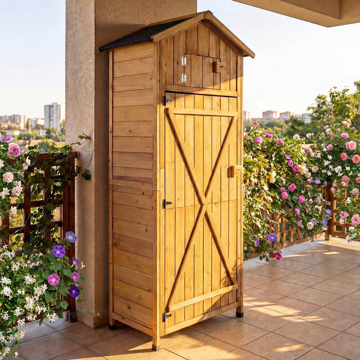 71 Inch Tall Garden Tool Storage Cabinet with Lockable Doors and Foldable Table-Natural