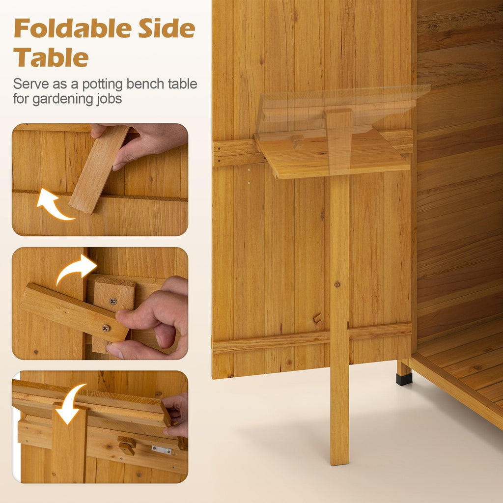 71 Inch Tall Garden Tool Storage Cabinet with Lockable Doors and Foldable Table-Natural