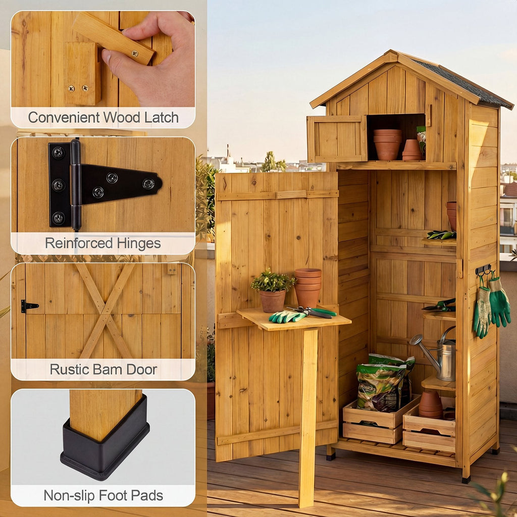 71 Inch Tall Garden Tool Storage Cabinet with Lockable Doors and Foldable Table-Natural