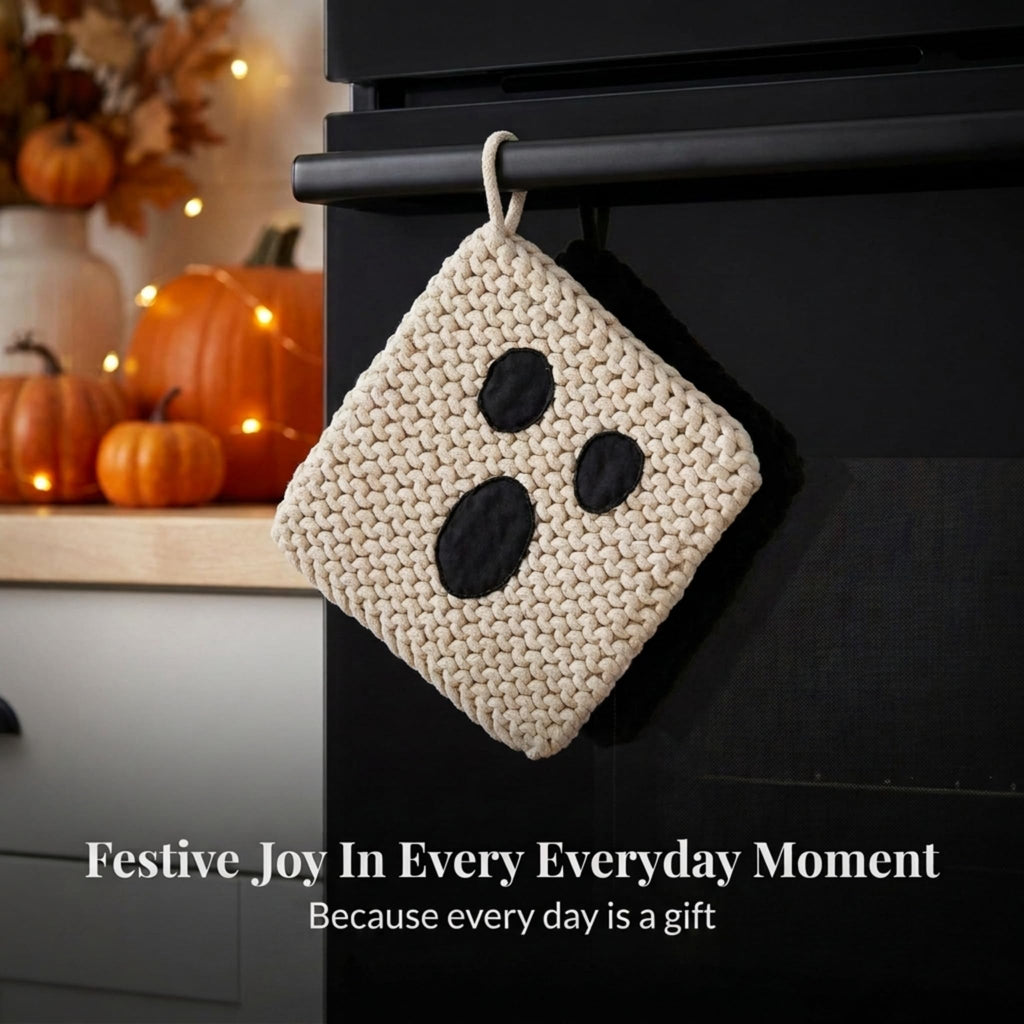 Mud Pie Ghost Halloween Pot Holder, Cotton Crochet Kitchen Hot Pad, 8"