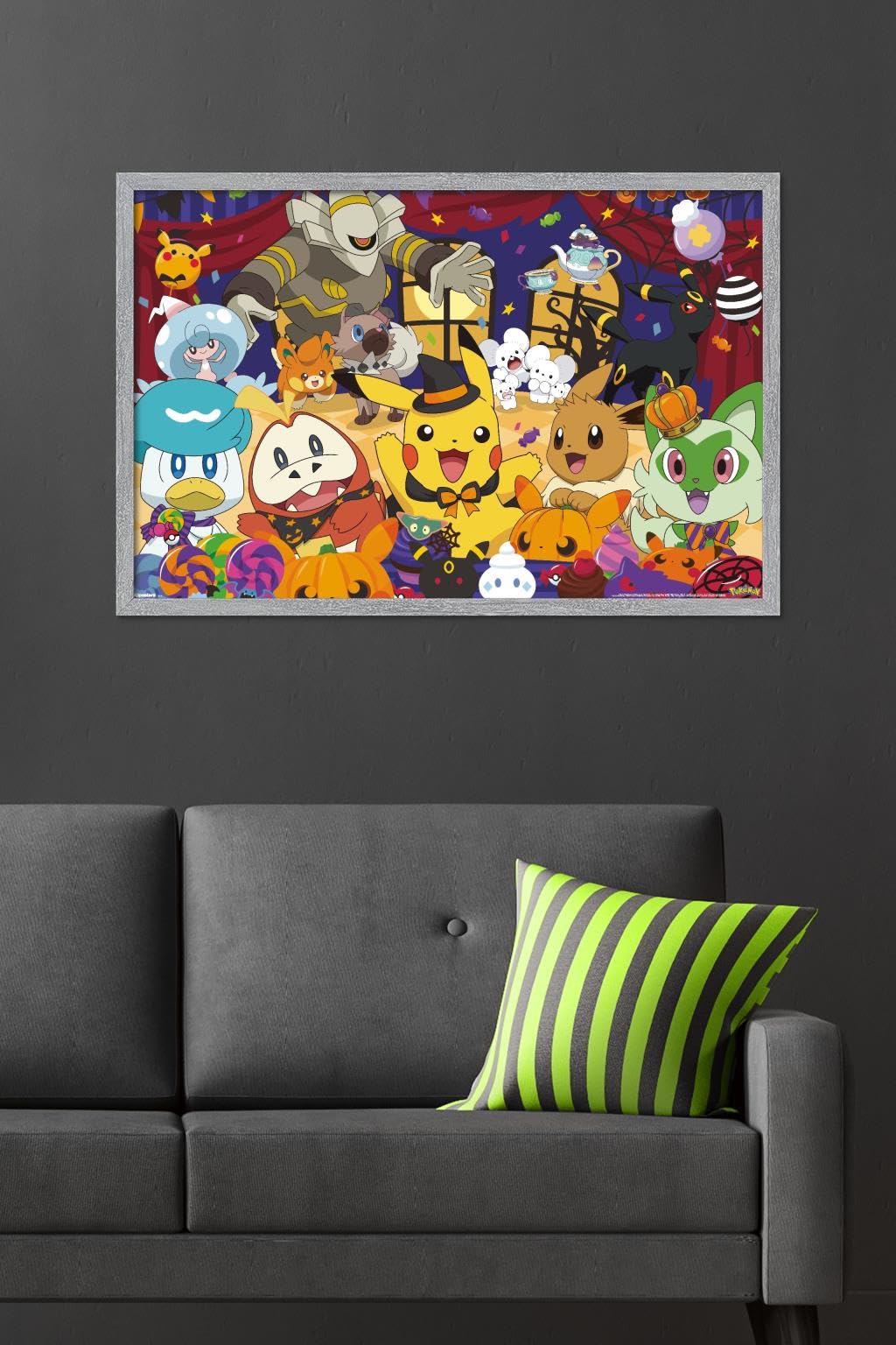Pokémon: Halloween Party- Group Wall Poster, 34L" x 22.4W", Gray Framed Version