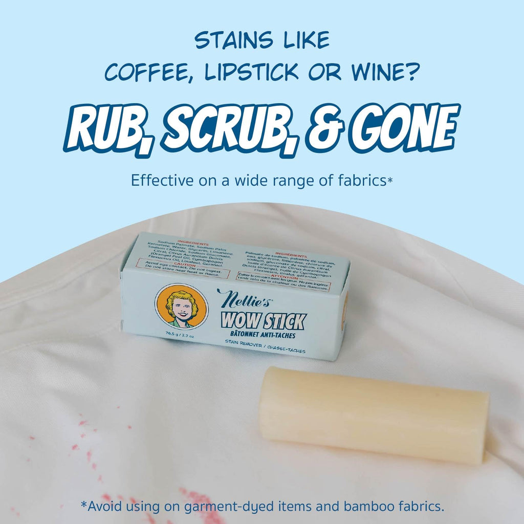 Nellie's Wow Stick - Stain Remover for Fabrics & Clothes - Cleans Grass, Makeup, Wine, Grease, Coffee, Blood and Pet Stains for Fabrics, Laundry, and More - Plant-Based & Eco-Friendly (2.7 oz.) 🍁 All In One Marketplace Canada