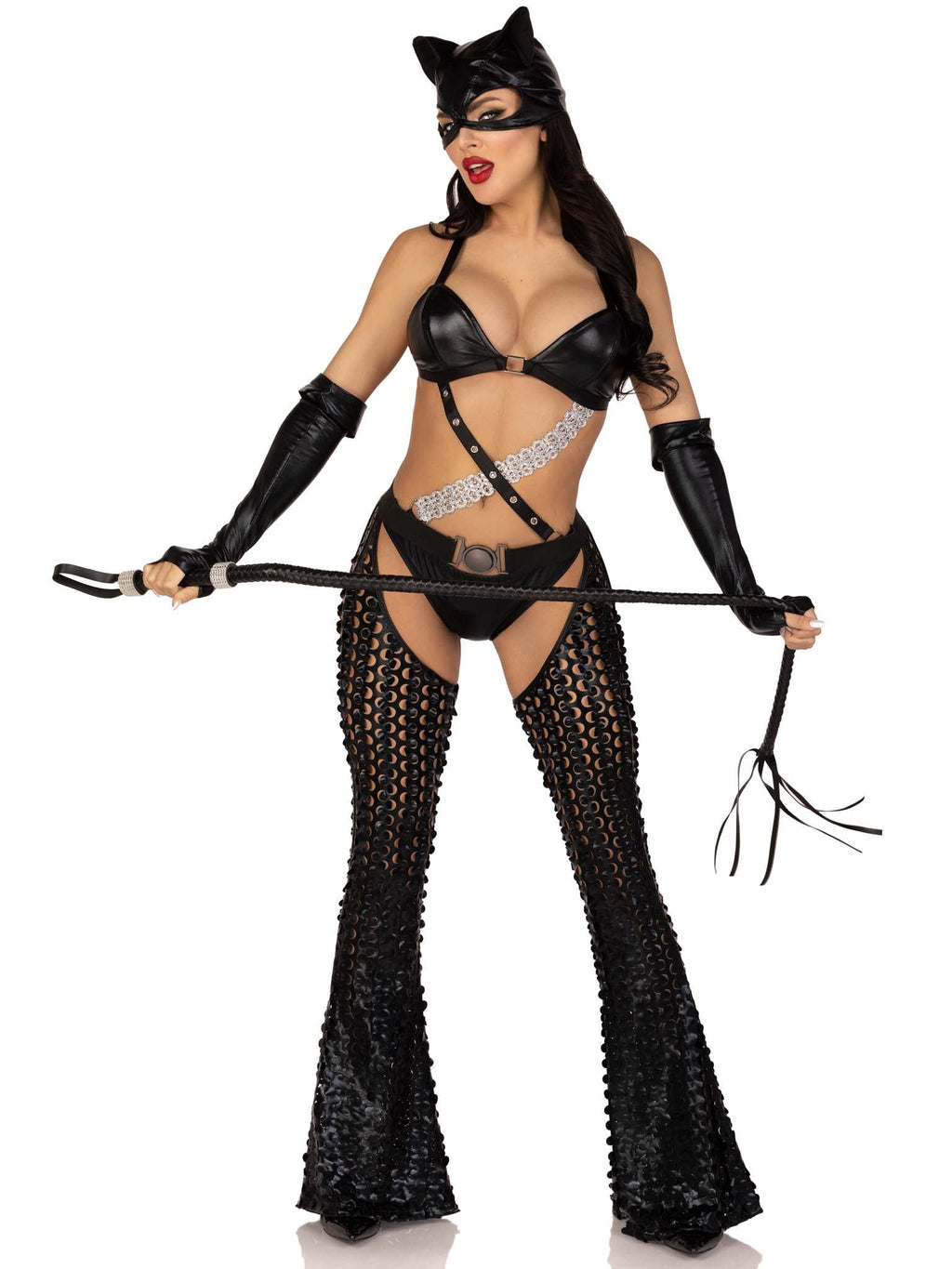 Leg Avenue Women’s 3 PC Mistress Kitty Halloween Costume with Catsuit, SMALL, Black