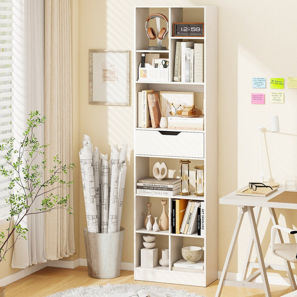 71inch Tall Freestanding Bookcase with Drawer 10-Cube Storage Organizer-White