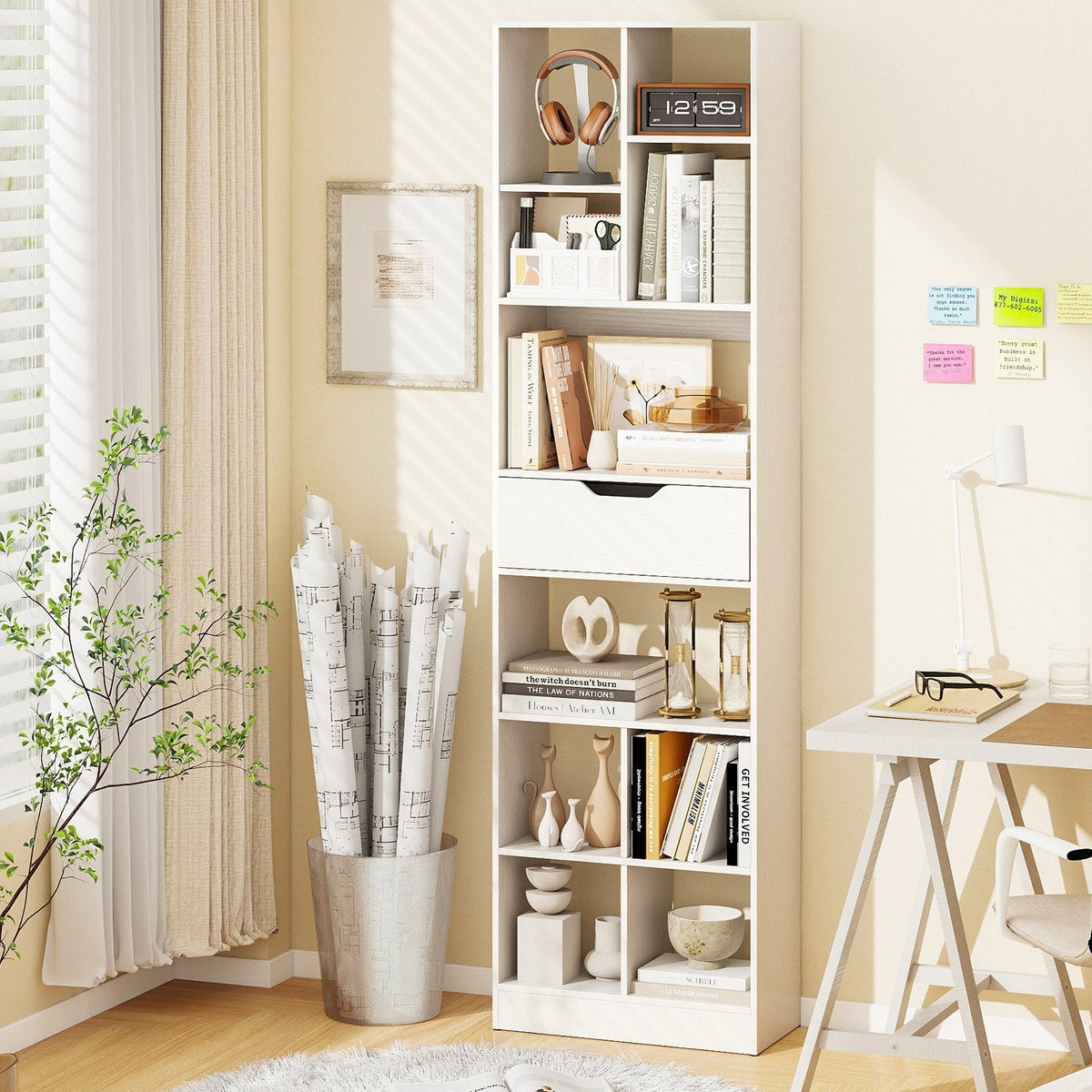71inch Tall Freestanding Bookcase with Drawer 10-Cube Storage Organizer-White