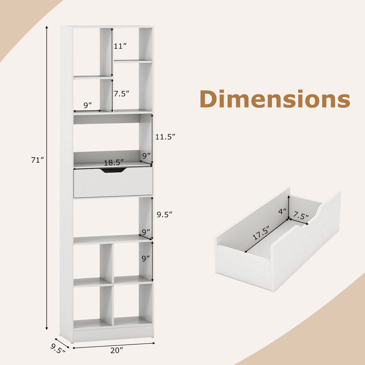 71inch Tall Freestanding Bookcase with Drawer 10-Cube Storage Organizer-White