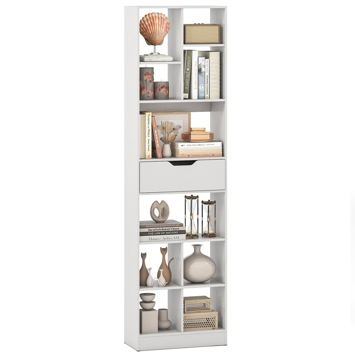 71inch Tall Freestanding Bookcase with Drawer 10-Cube Storage Organizer-White
