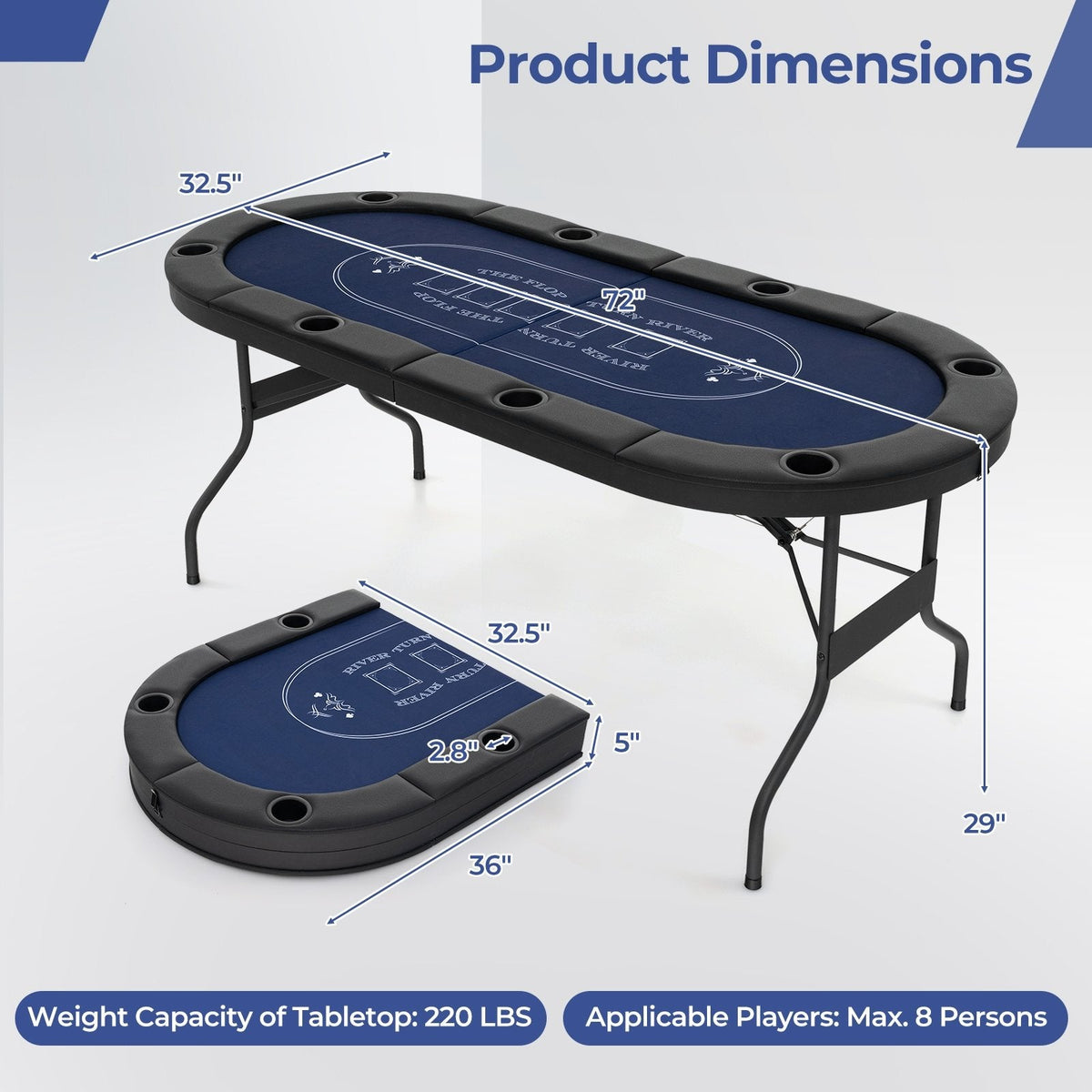 72 Inch Foldable Poker Table for 8 Players Portable Oval Card Board Game Table-Blue