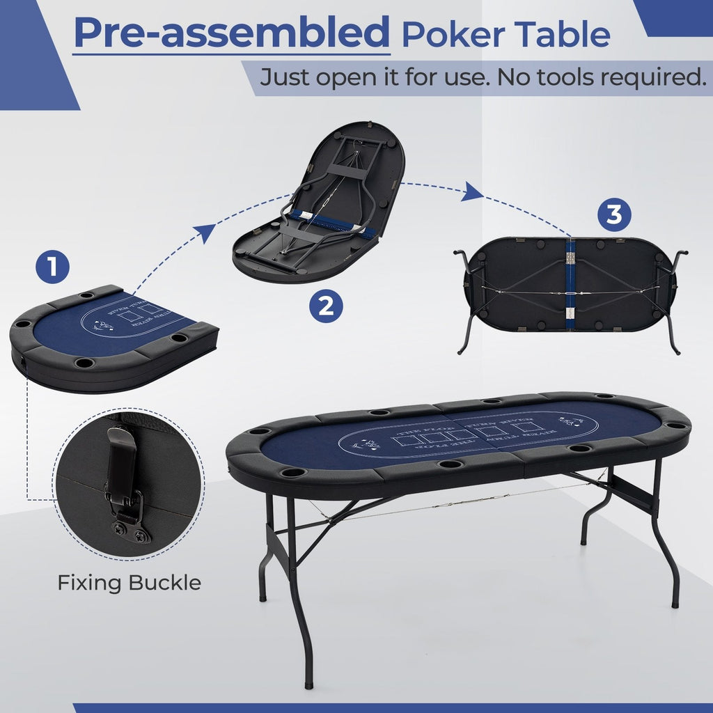 72 Inch Foldable Poker Table for 8 Players Portable Oval Card Board Game Table-Blue