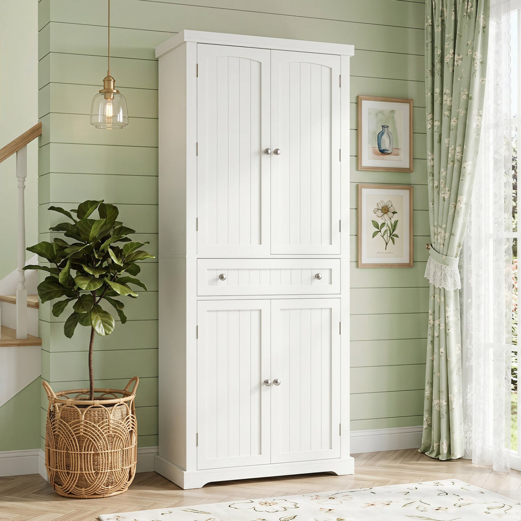 72” Tall Kitchen Cabinet, Pantry Storage Cabinet with 4 Fluted Doors and 6 Door Shelves-White