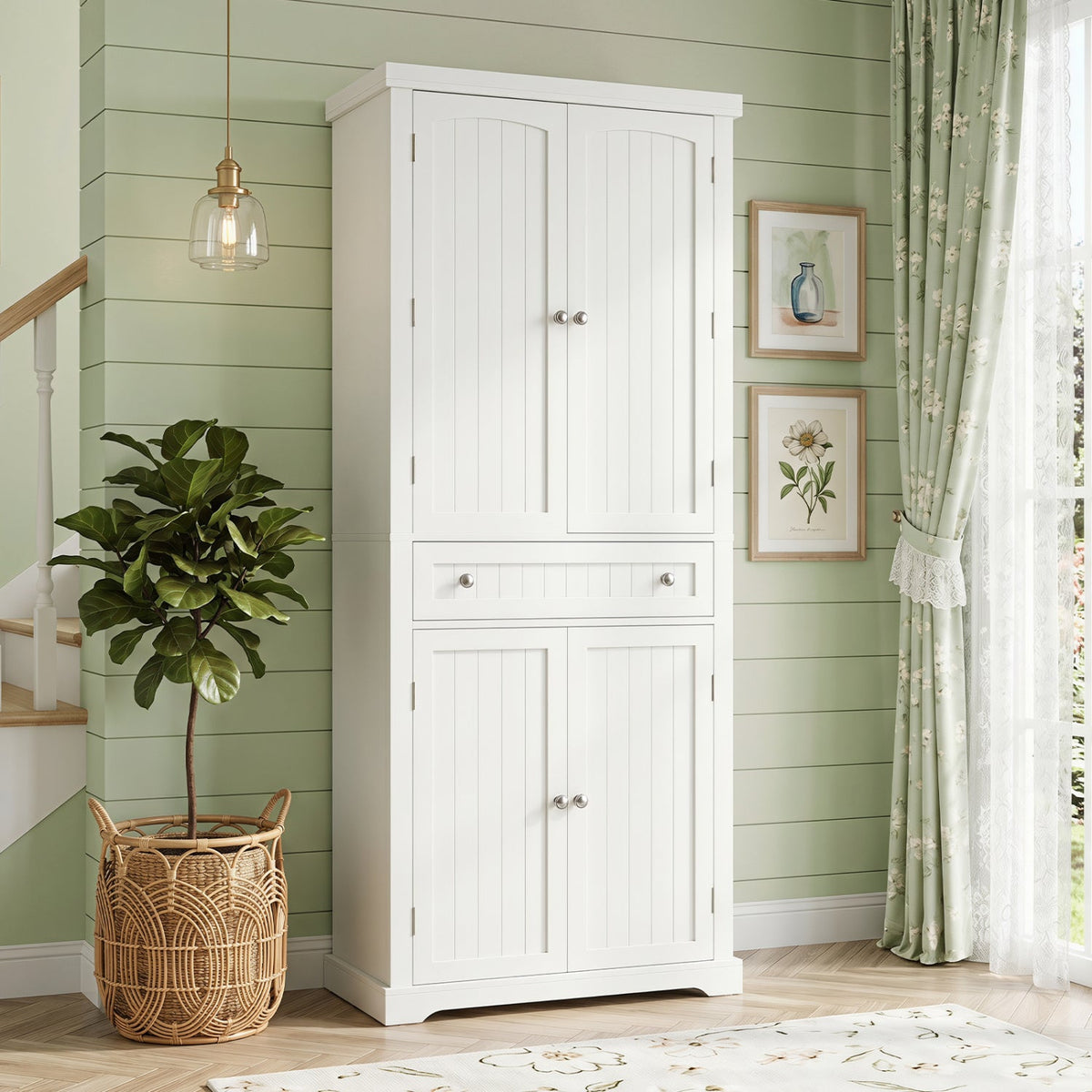 72” Tall Kitchen Cabinet, Pantry Storage Cabinet with 4 Fluted Doors and 6 Door Shelves-White