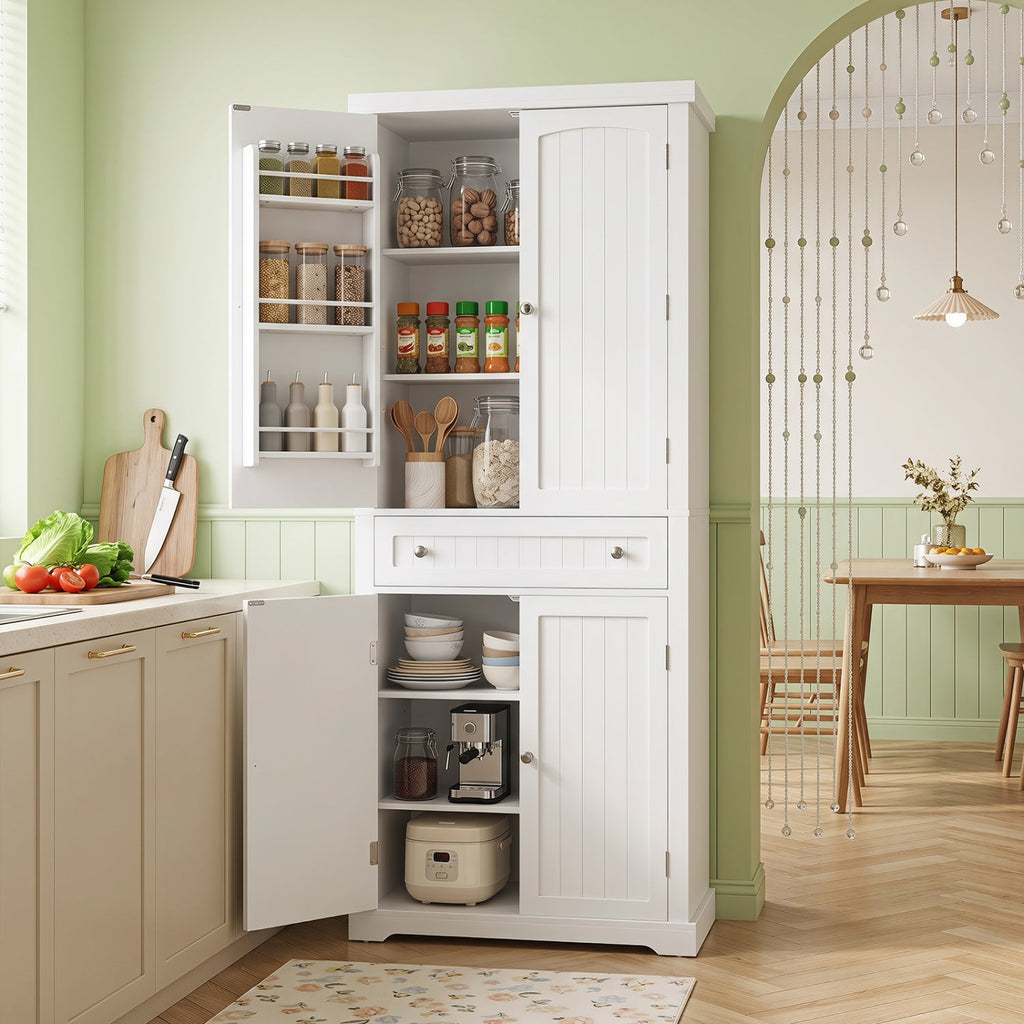 72” Tall Kitchen Cabinet, Pantry Storage Cabinet with 4 Fluted Doors and 6 Door Shelves-White