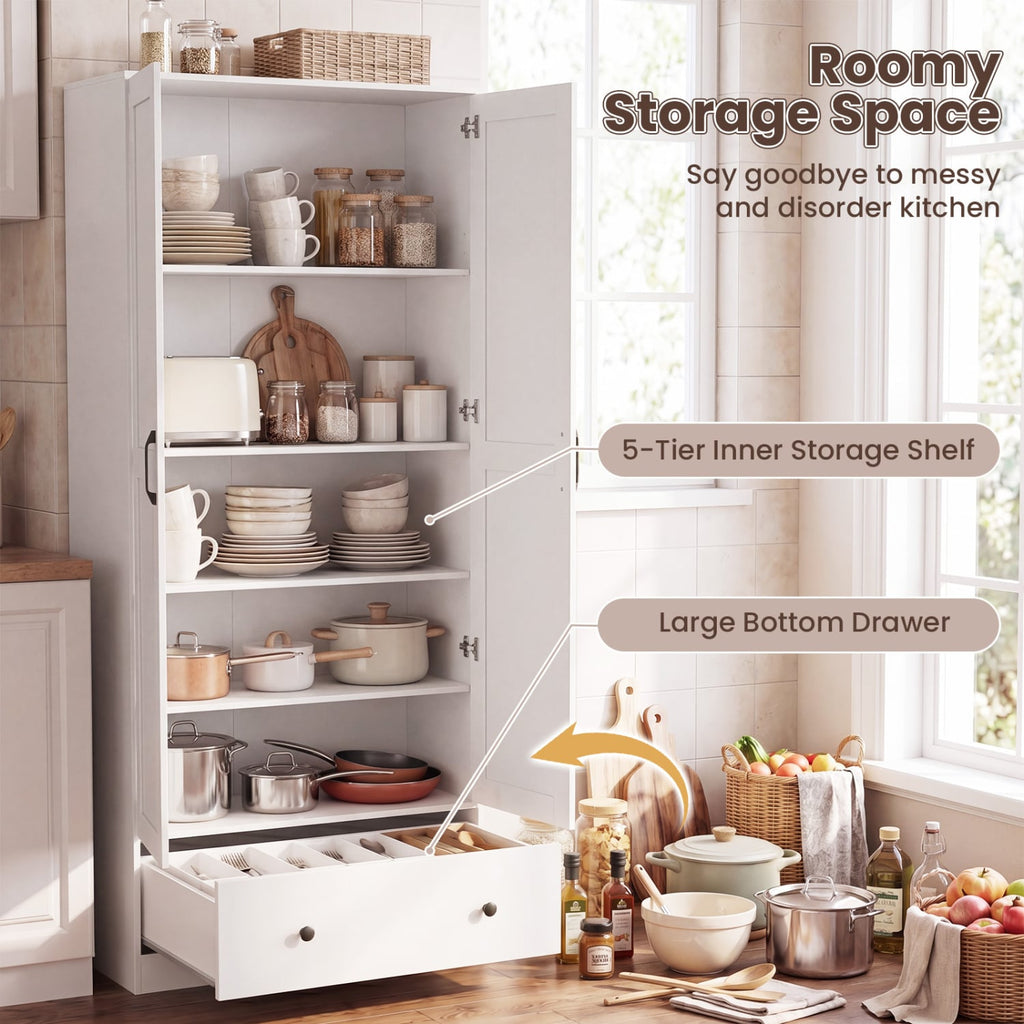 72 Inch Tall Kitchen Pantry Cabinet Farmhouse Wooden Cupboard with 2 Doors-White