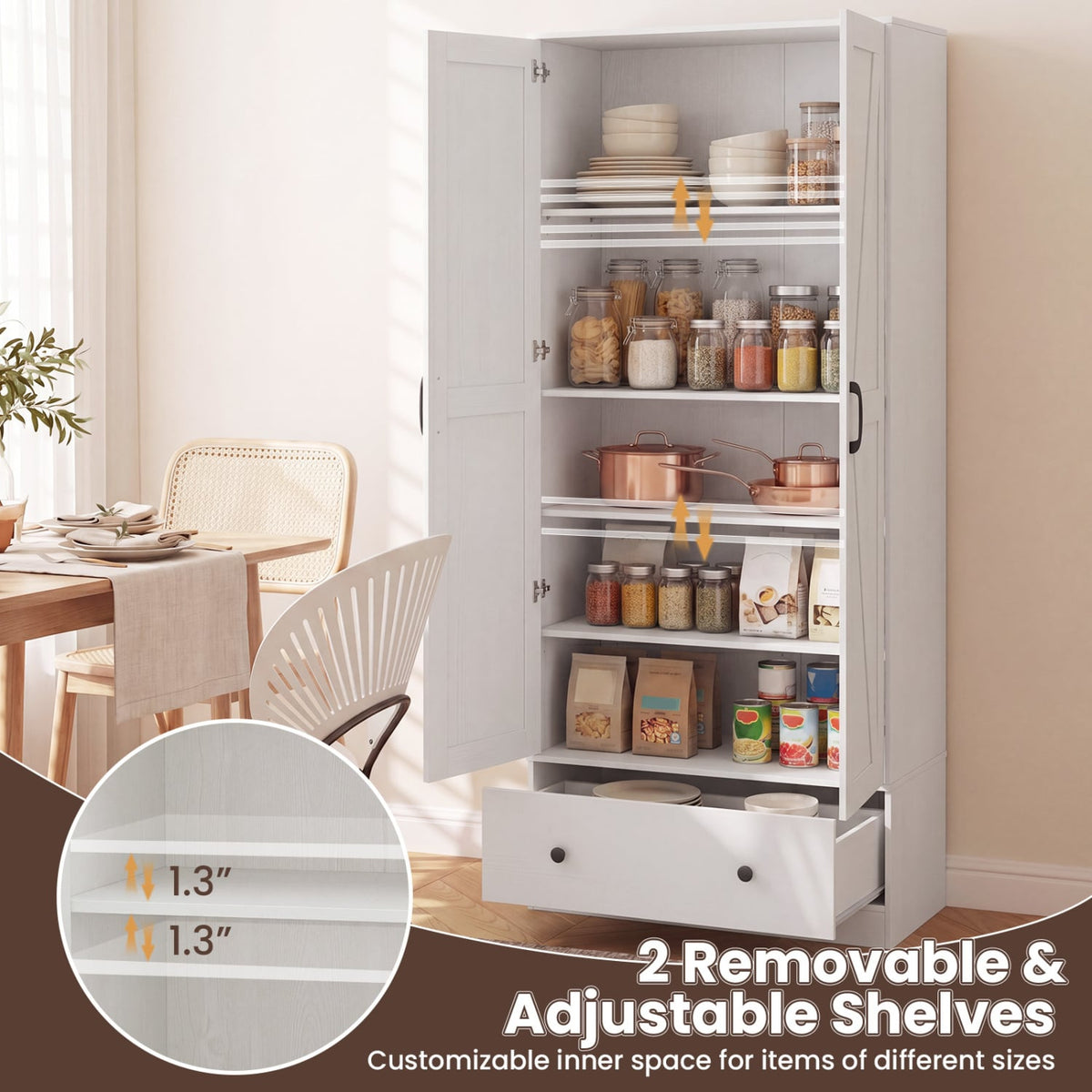 72 Inch Tall Kitchen Pantry Cabinet Farmhouse Wooden Cupboard with 2 Doors-White