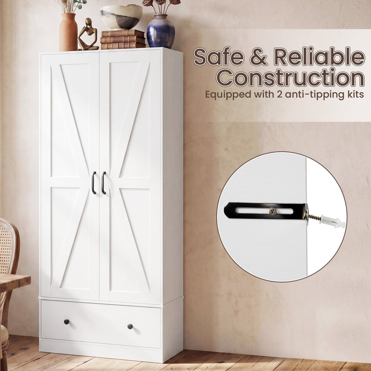 72 Inch Tall Kitchen Pantry Cabinet Farmhouse Wooden Cupboard with 2 Doors-White