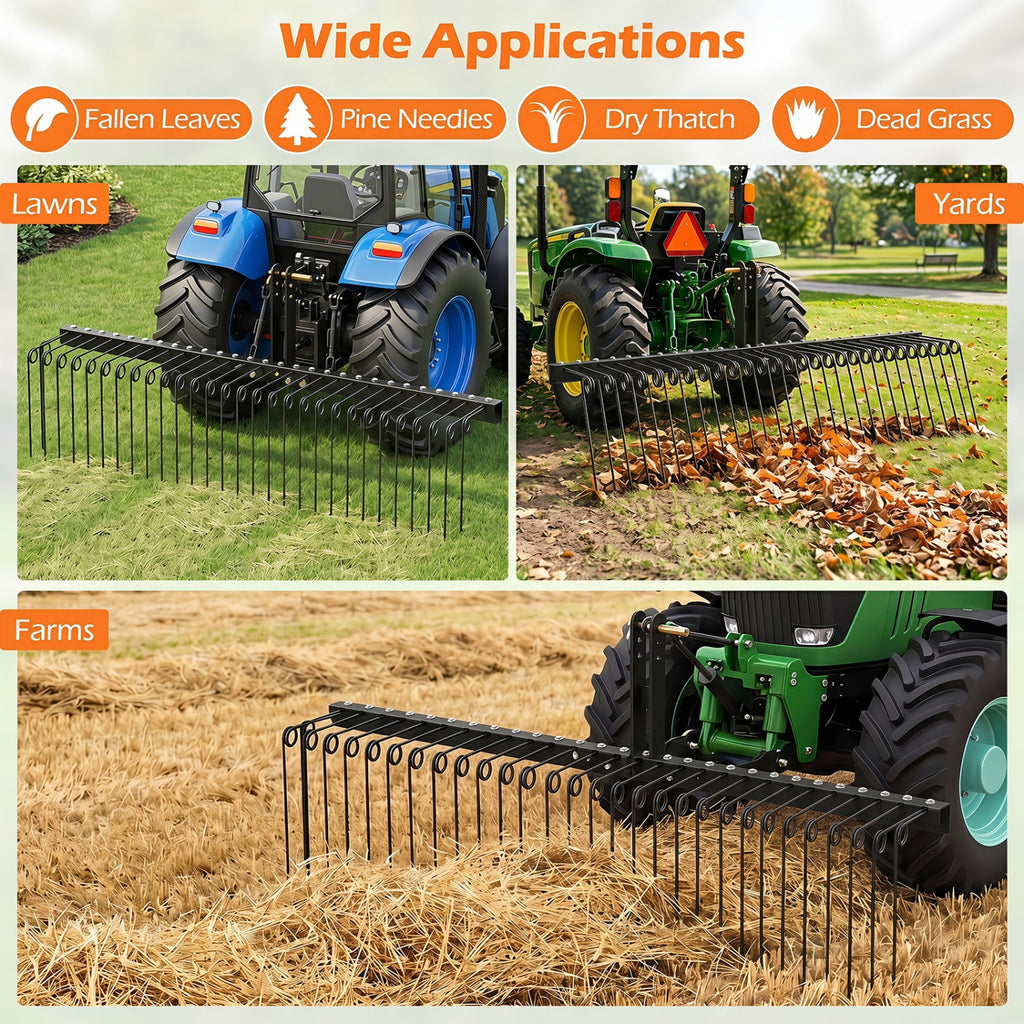 72 inches Pine Straw Rake with 30 Metal Coil Tines for Grass-Black