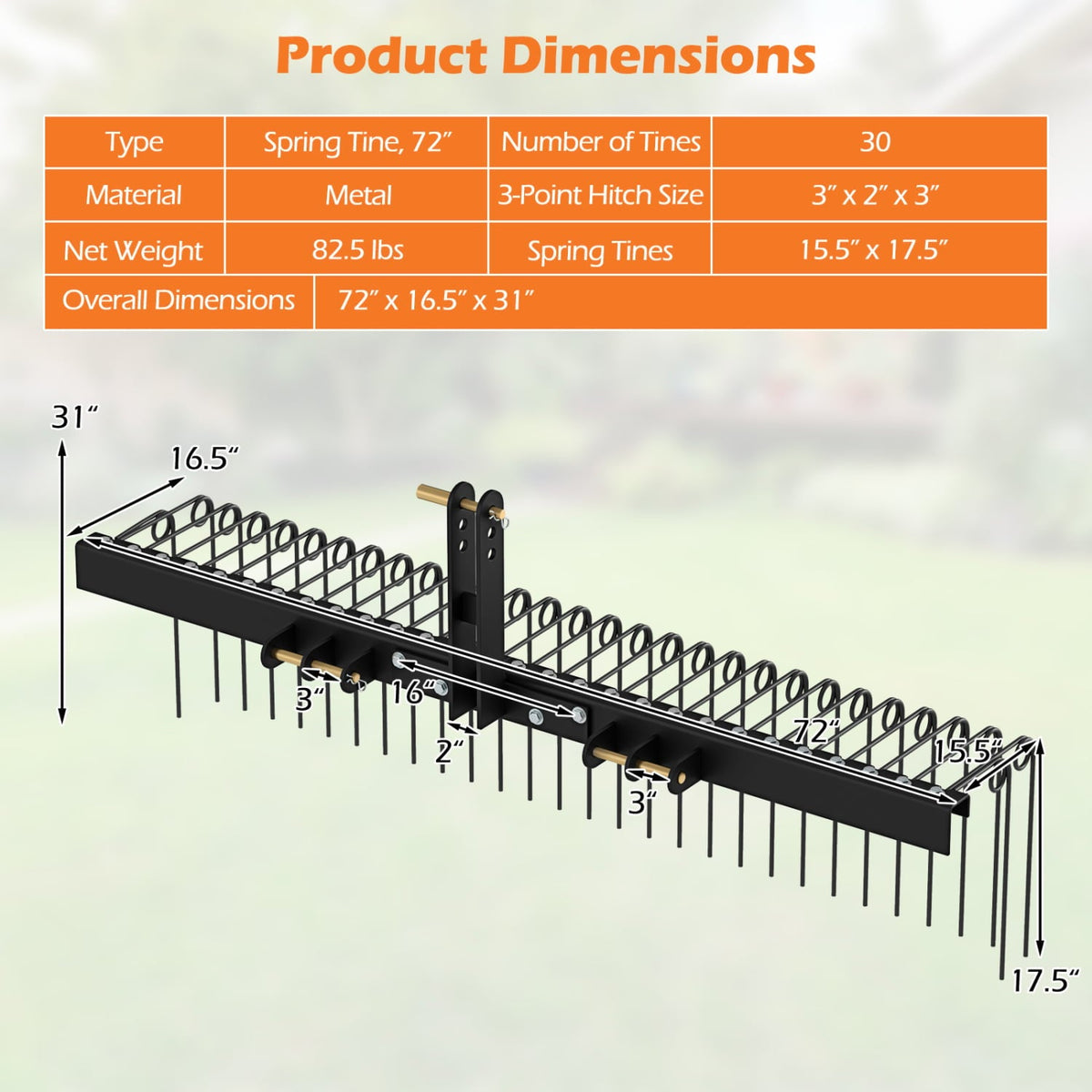 72 inches Pine Straw Rake with 30 Metal Coil Tines for Grass-Black