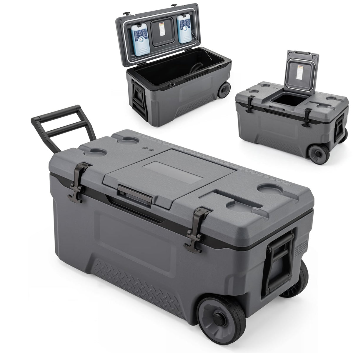 74 Quart Portable Rolling Cooler with Fish Ruler for Outdoor-Gray