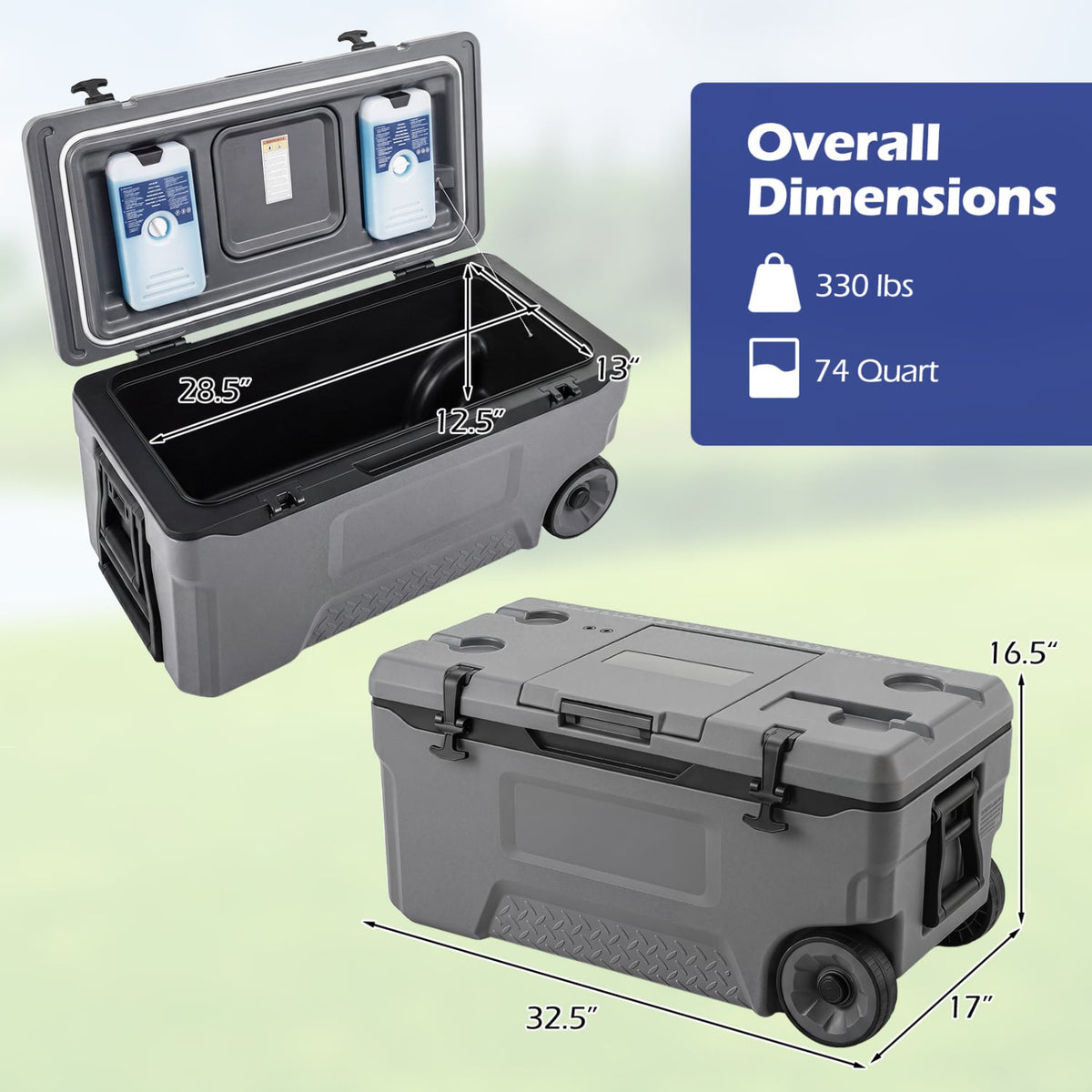 74 Quart Portable Rolling Cooler with Fish Ruler for Outdoor-Gray