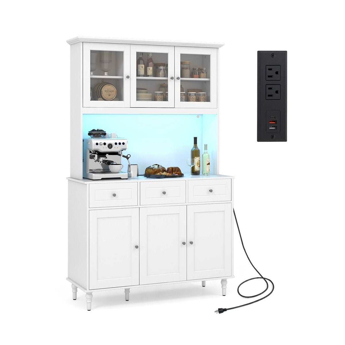 77 Inches Kitchen Pantry Storage Cabinet with LED Lights and Power Outlets-White