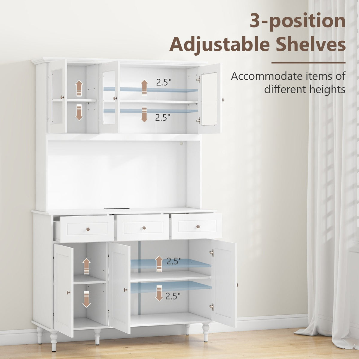 77 Inches Kitchen Pantry Storage Cabinet with LED Lights and Power Outlets-White