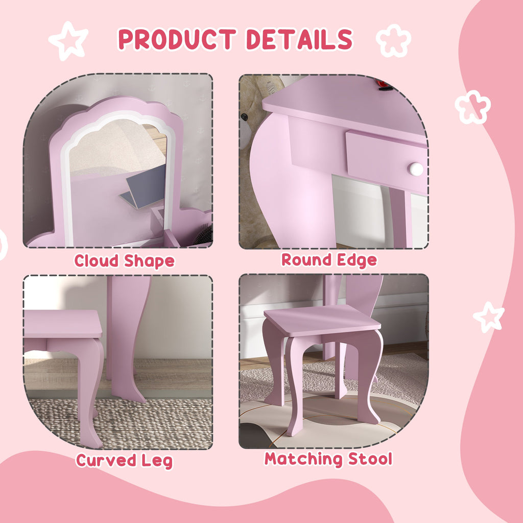 Makeup Vanity with Mirror and Stool, Cloud Design, Drawer, Storage Boxes, for 3-6 Years Old, Pink