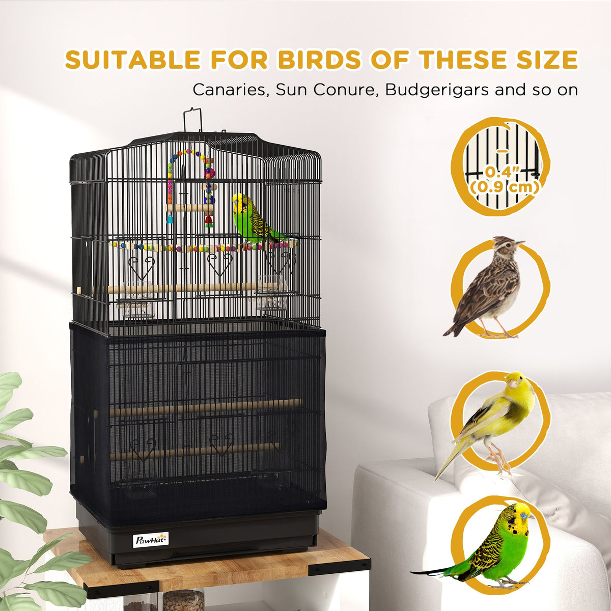 36" Bird Cage with Accessories, Handle, Mesh Cover, Tray, Black