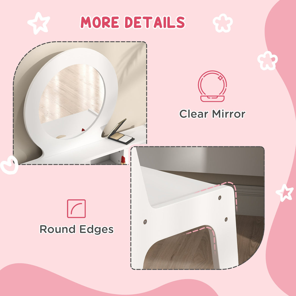 Kids Vanity Set, Children Makeup Table with Mirror, Stool and Storage Drawers, for Ages 3-8, Pink