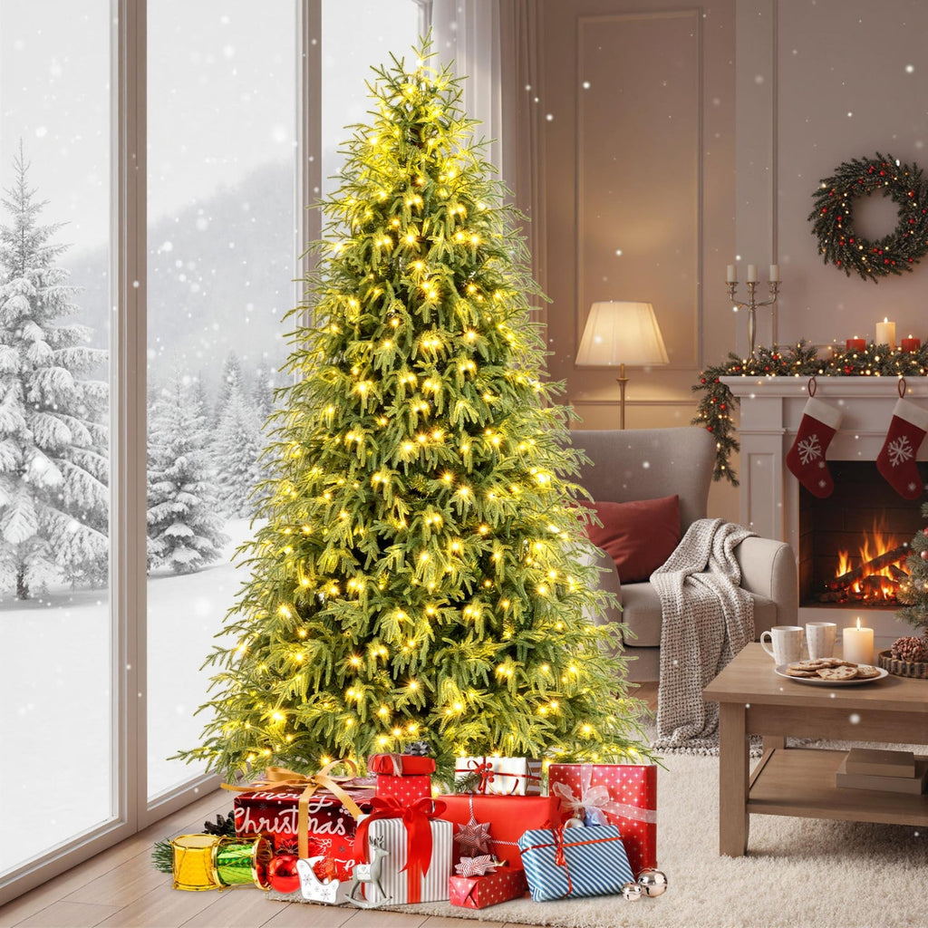 7.5 FT Pre-Lit Artificial Christmas Tree, Dual Layer TPE and PVC, 1449 Tips, 500 Warm White LEDs
