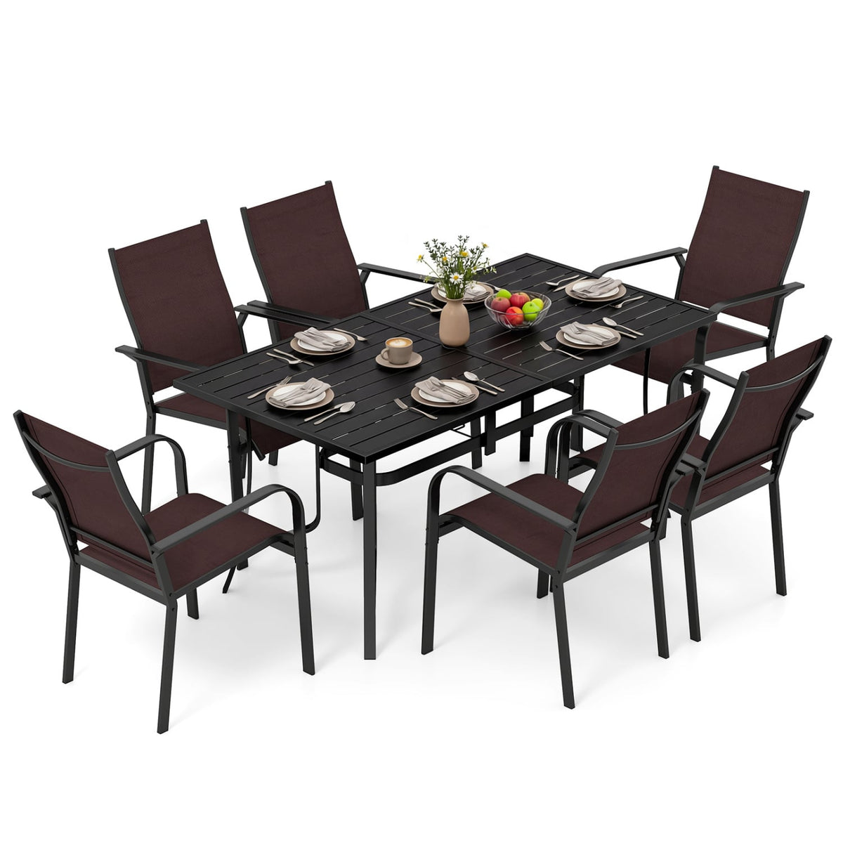 7 Piece Metal Patio Dining Set for 6, 63 Inch Powder Coated Table and Six Stacking Mesh Armchairs, Brown
