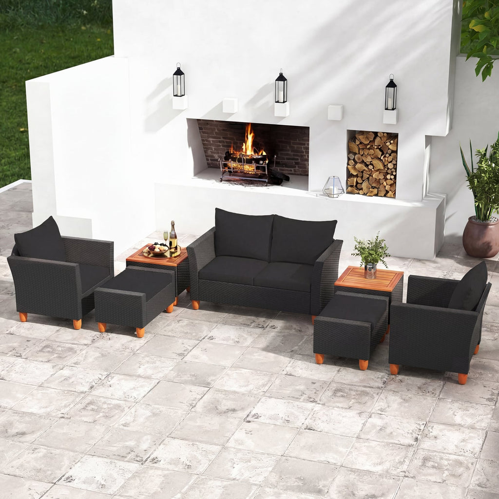 7 Piece Wicker Patio Conversation Set with 2 Storage Side Tables and 2 Ottomans, Black