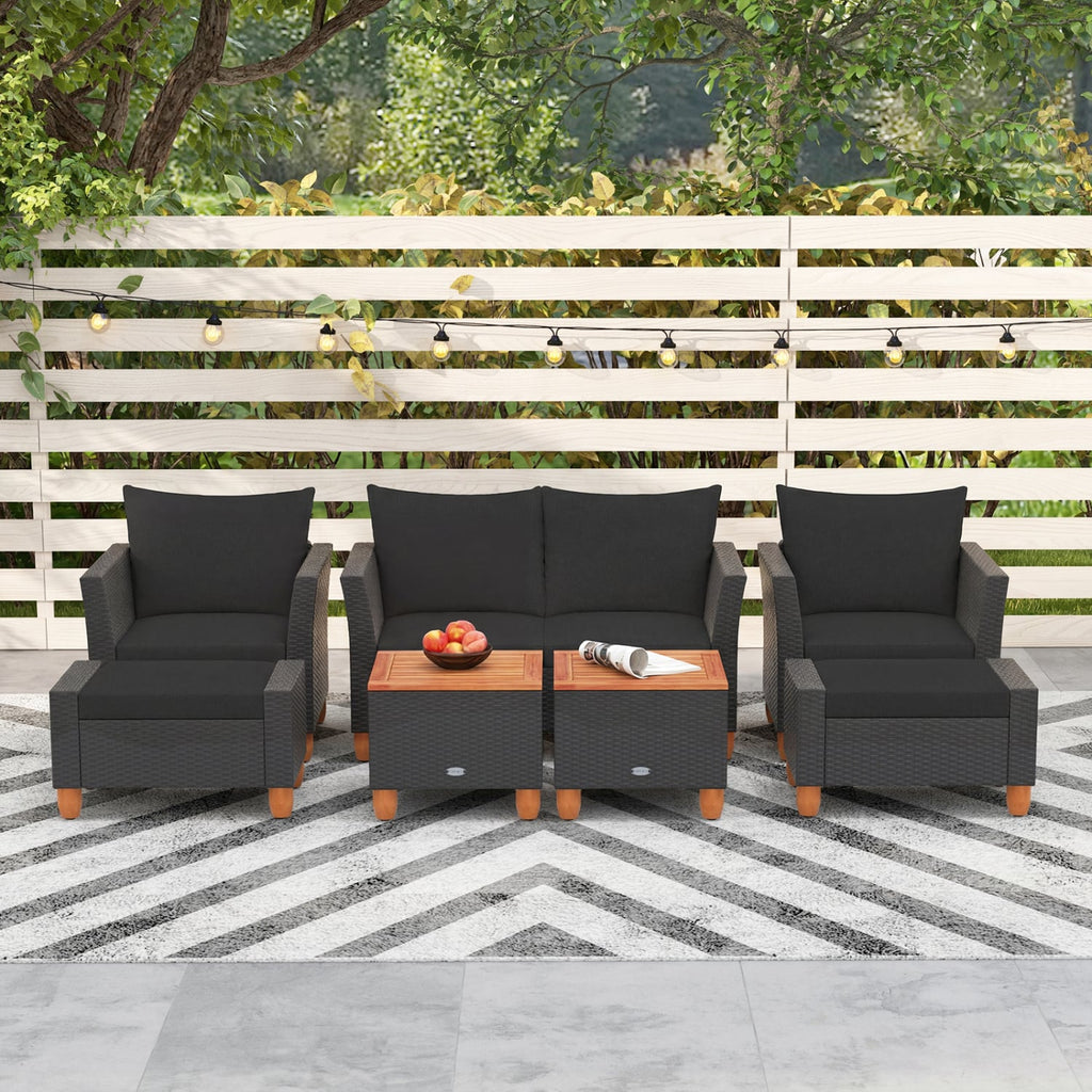 7 Piece Wicker Patio Conversation Set with 2 Storage Side Tables and 2 Ottomans, Black
