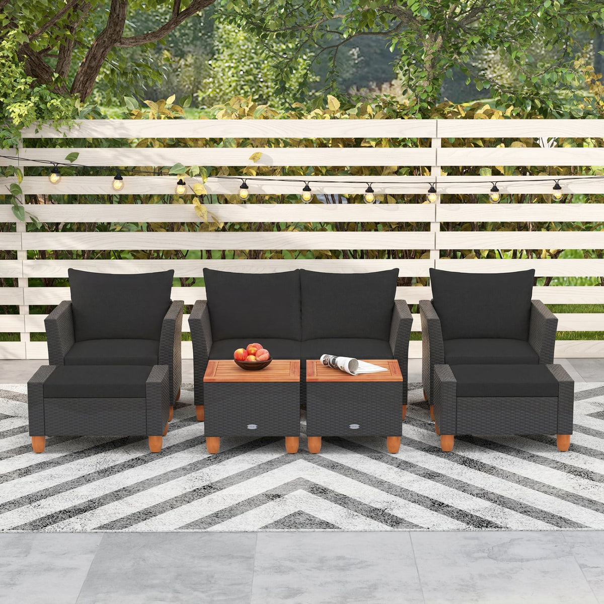 7 Piece Wicker Patio Conversation Set with 2 Storage Side Tables and 2 Ottomans, Black
