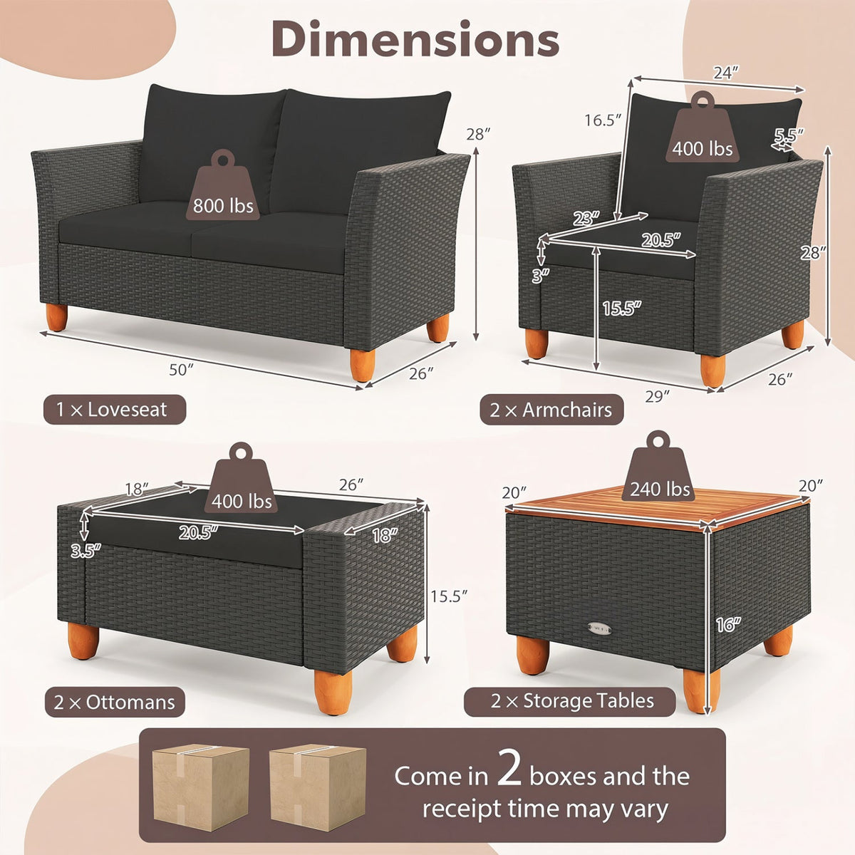 7 Piece Wicker Patio Conversation Set with 2 Storage Side Tables and 2 Ottomans, Black