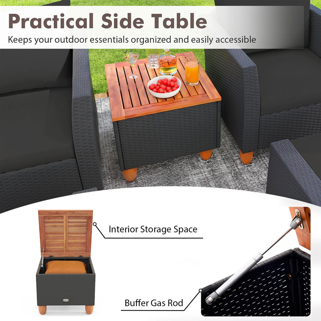 7 Piece Wicker Patio Conversation Set with 2 Storage Side Tables and 2 Ottomans, Black
